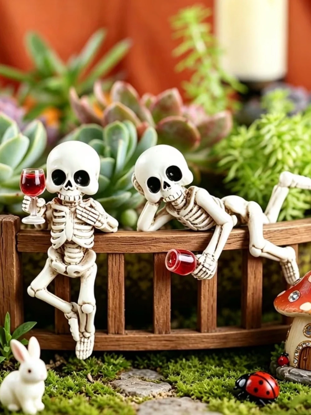 Halloween Skeleton Planter Hangers with Red Wine Glasses - White